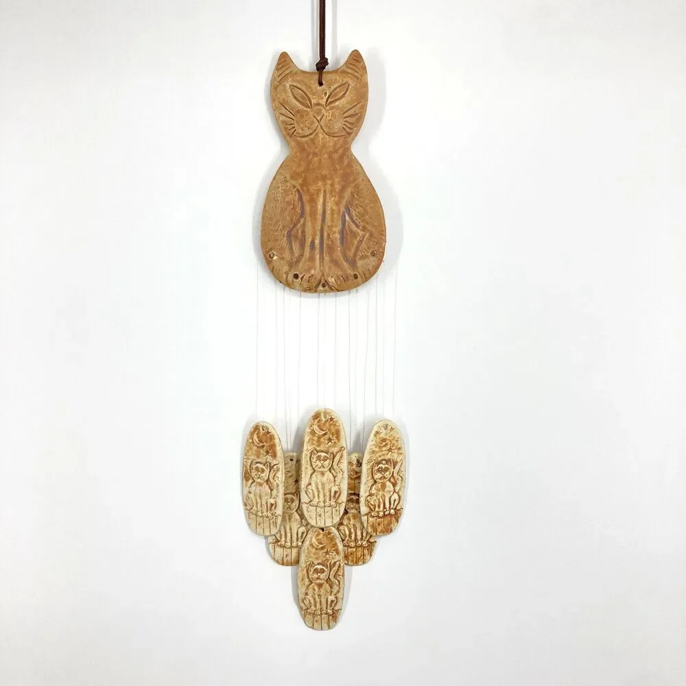 Handmade Art Pottery Cat Kitten Moon Wind Chime Wall Hanging Folk Art Stamped